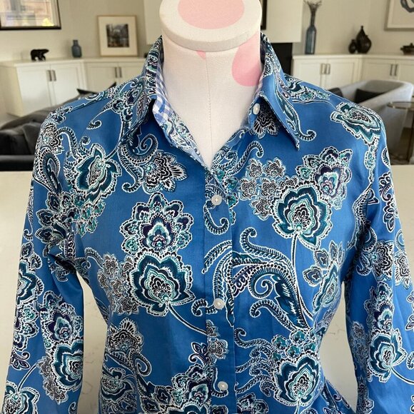Chaps No Iron 3/4 Slv Button Down 100% Cotton Paisley Shirt Blue White Sz S - Picture 4 of 12